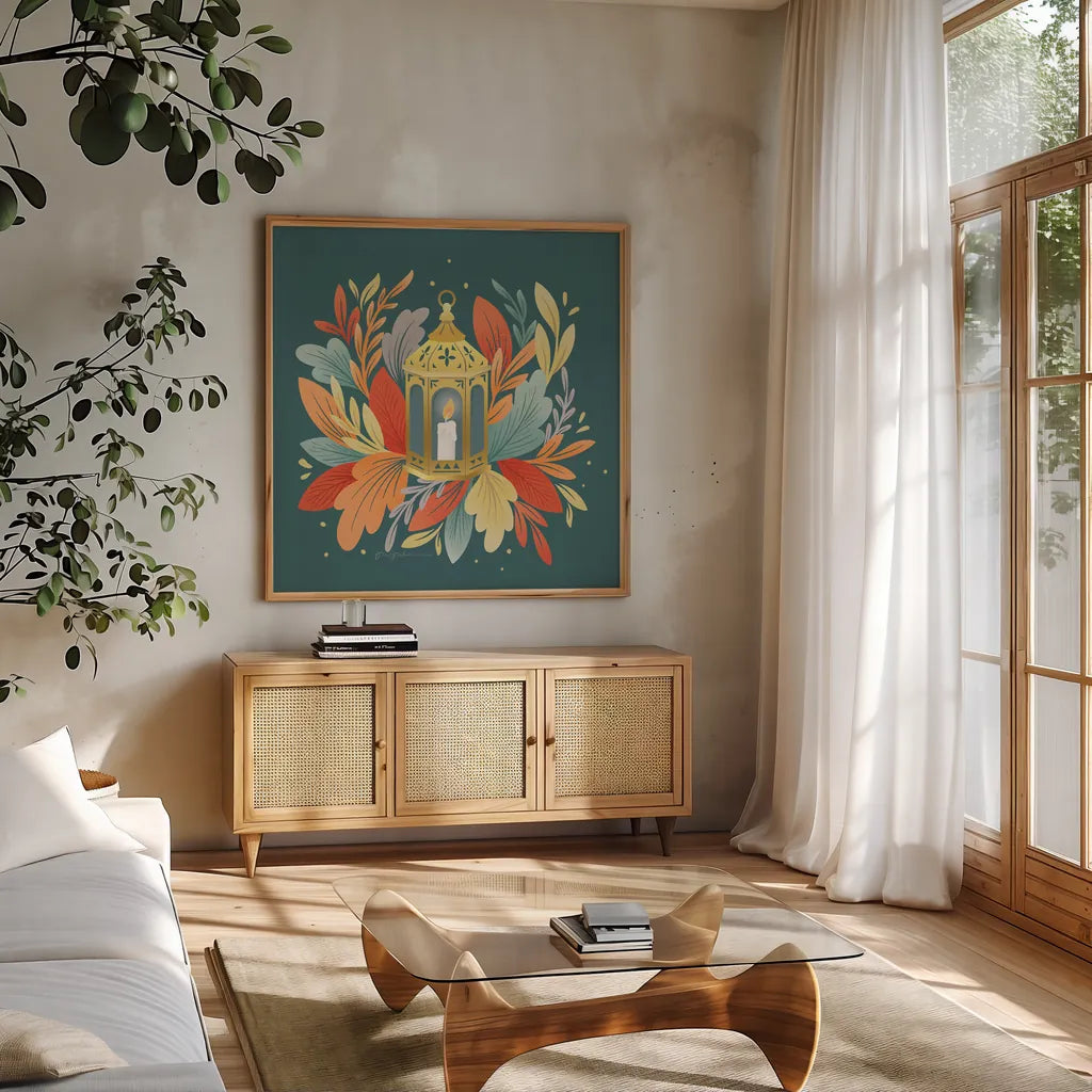 Sweater Weather IX by Gia Graham. Shown in a natural wood frame in a cozy modern living room. Available as an archival giclee rolled canvas, fine art paper, or poster print. SKU 83313a.