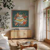 Sweater Weather V by Gia Graham. Shown in a natural wood frame in a cozy modern living room. Available as an archival giclee rolled canvas, fine art paper, or poster print. SKU 83309a.