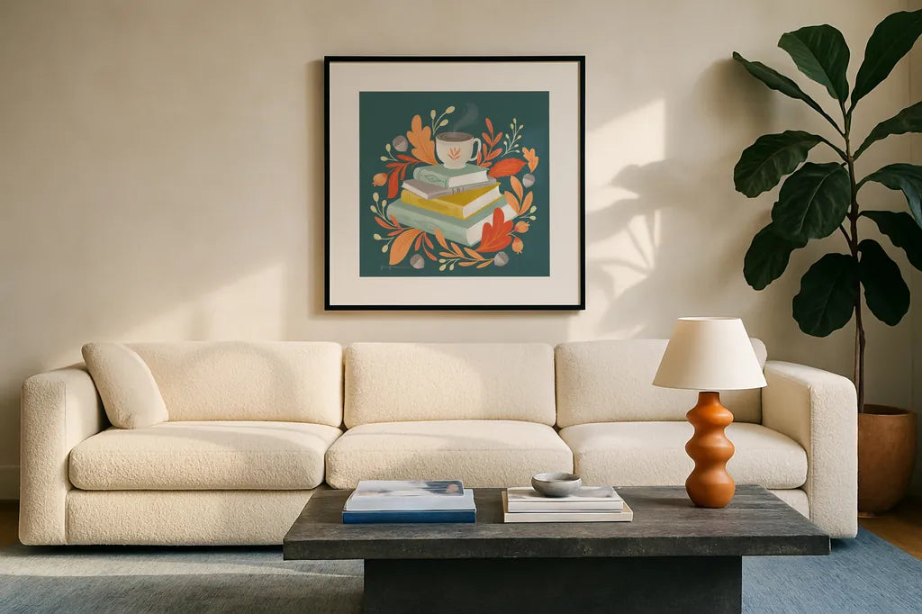 Sweater Weather V by Gia Graham. Displayed in a glass frame with matte in a clean modern living room. Available as an archival giclee rolled canvas, fine art paper, or poster print. SKU 83309a.