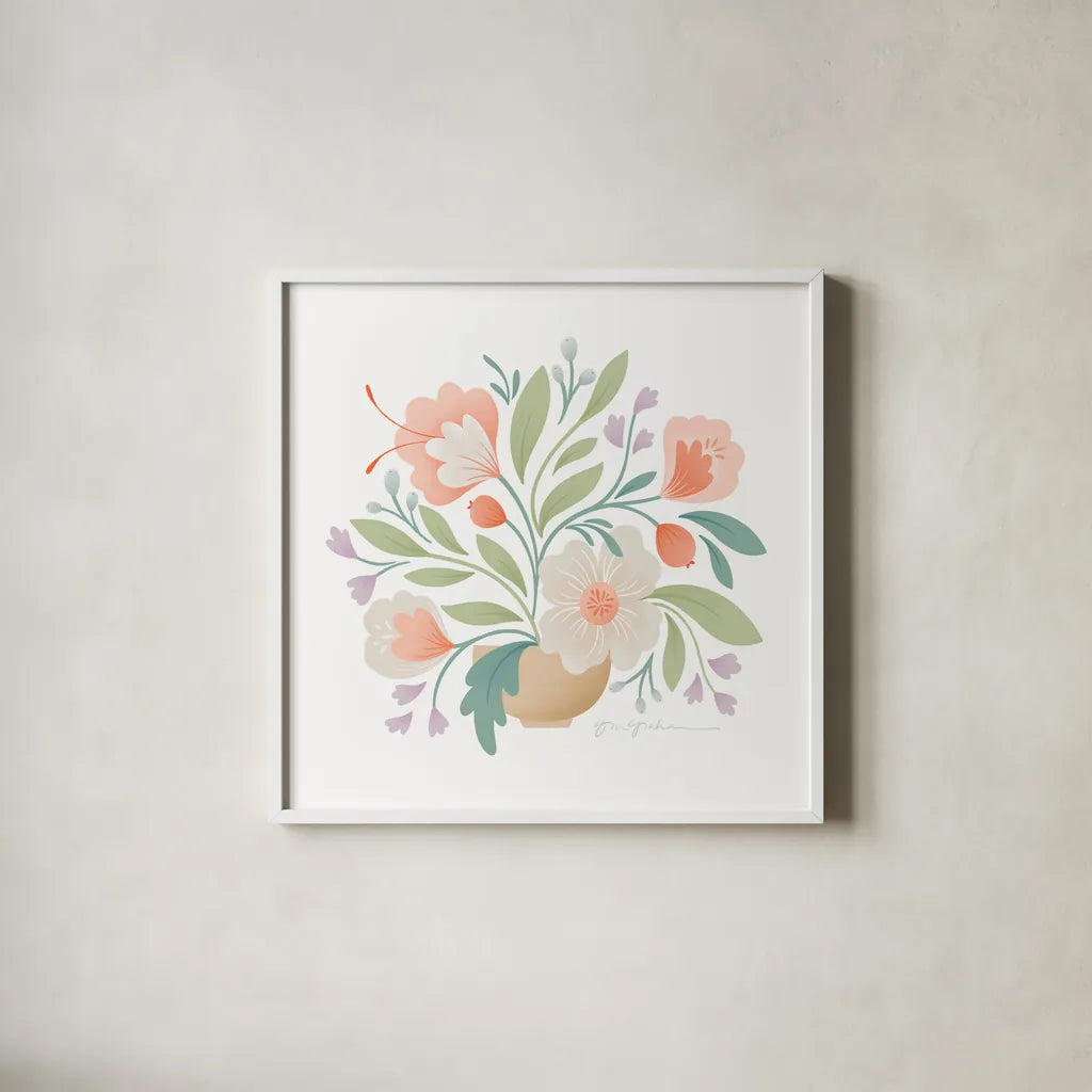 Sweet Bouquet II by Gia Graham. Shown in a crisp white glass frame for a clean and minimalist style. Available as an archival giclee rolled canvas, fine art paper, or poster print. SKU 73725a.