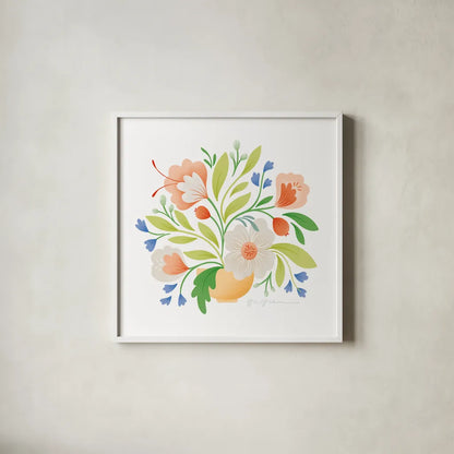 Sweet Bouquet II Bright by Gia Graham. Shown in a crisp white glass frame for a clean and minimalist style. Available as an archival giclee rolled canvas, fine art paper, or poster print. SKU 79543a.