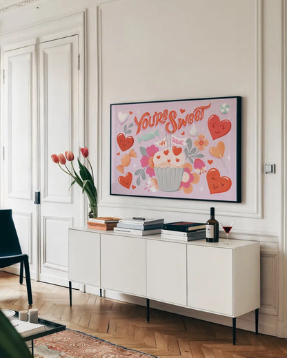 Sweet Hearts I by Gia Graham. shown as a framed stretched canvas in a living room above a console. Available as a archival giclee rolled canvas, fine art paper, or poster print. SKU 81396i.