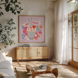 Sweet Hearts II by Gia Graham. Shown in a natural wood frame in a cozy modern living room. Available as an archival giclee rolled canvas, fine art paper, or poster print. SKU 81397a.