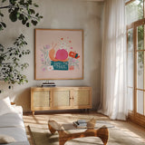 Sweet Hearts III by Gia Graham. Shown in a natural wood frame in a cozy modern living room. Available as an archival giclee rolled canvas, fine art paper, or poster print. SKU 81398a.