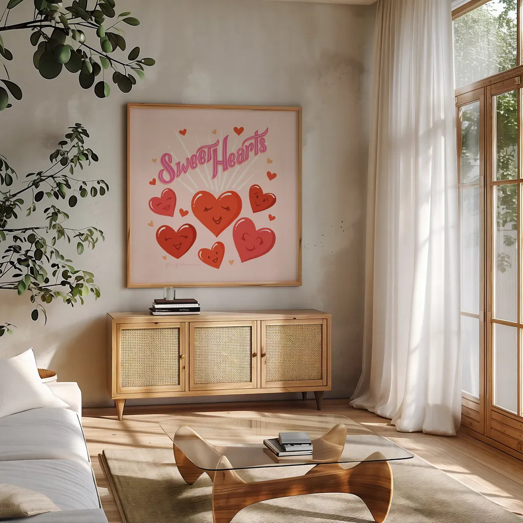 Sweet Hearts IV by Gia Graham. Shown in a natural wood frame in a cozy modern living room. Available as an archival giclee rolled canvas, fine art paper, or poster print. SKU 81399a.