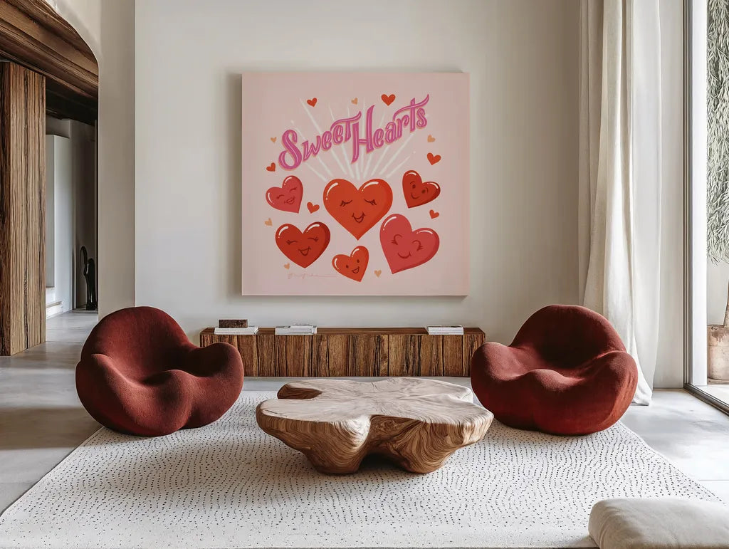 Sweet Hearts IV by Gia Graham. Shown as extra-large giant wall art in a modern living room. Available as an archival giclee rolled canvas, fine art paper, or poster print. SKU 81399a.