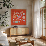 Sweet Hearts V by Gia Graham. Shown in a natural wood frame in a cozy modern living room. Available as an archival giclee rolled canvas, fine art paper, or poster print. SKU 81400a.