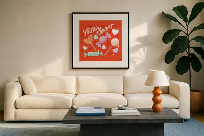 Sweet Hearts V by Gia Graham. Displayed in a glass frame with matte in a clean modern living room. Available as an archival giclee rolled canvas, fine art paper, or poster print. SKU 81400a.