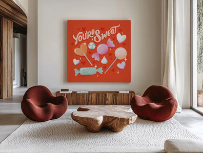 Sweet Hearts V by Gia Graham. Shown as extra-large giant wall art in a modern living room. Available as an archival giclee rolled canvas, fine art paper, or poster print. SKU 81400a.