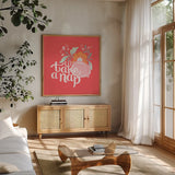Take a Nap I by Gia Graham. Shown in a natural wood frame in a cozy modern living room. Available as an archival giclee rolled canvas, fine art paper, or poster print. SKU 75363a.