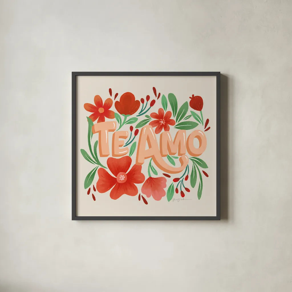 Te Amo by Gia Graham. Shown in a sleek black glass frame for a contemporary gallery look. Available as an archival giclee rolled canvas, fine art paper, or poster print. SKU 90825a.