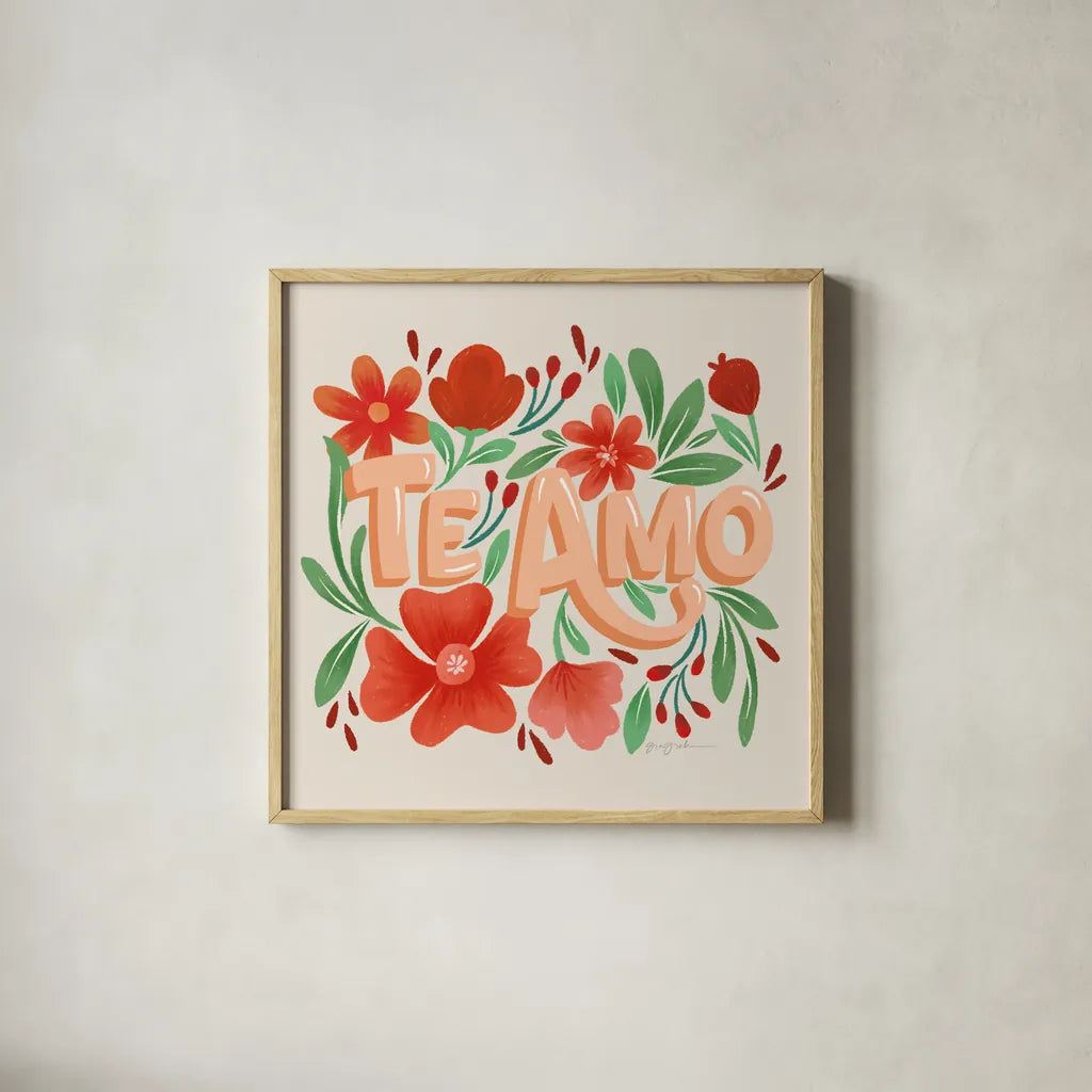 Te Amo by Gia Graham. Shown in a natural wood glass frame for a timeless modern aesthetic. Available as an archival giclee rolled canvas, fine art paper, or poster print. SKU 90825a.
