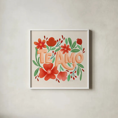 Te Amo by Gia Graham. Shown in a crisp white glass frame for a clean and minimalist style. Available as an archival giclee rolled canvas, fine art paper, or poster print. SKU 90825a.