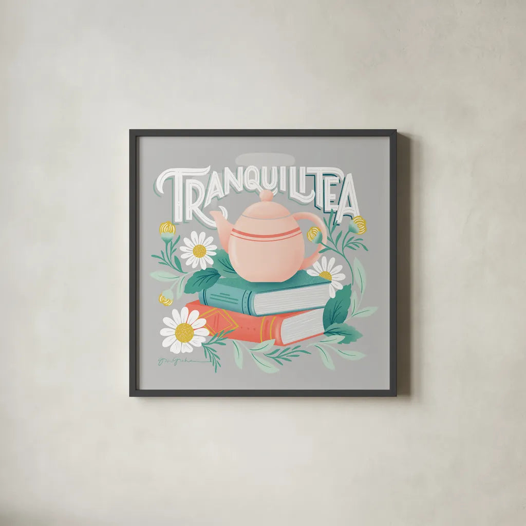Tea Time I by Gia Graham. Shown in a sleek black glass frame for a contemporary gallery look. Available as an archival giclee rolled canvas, fine art paper, or poster print. SKU 77959a.