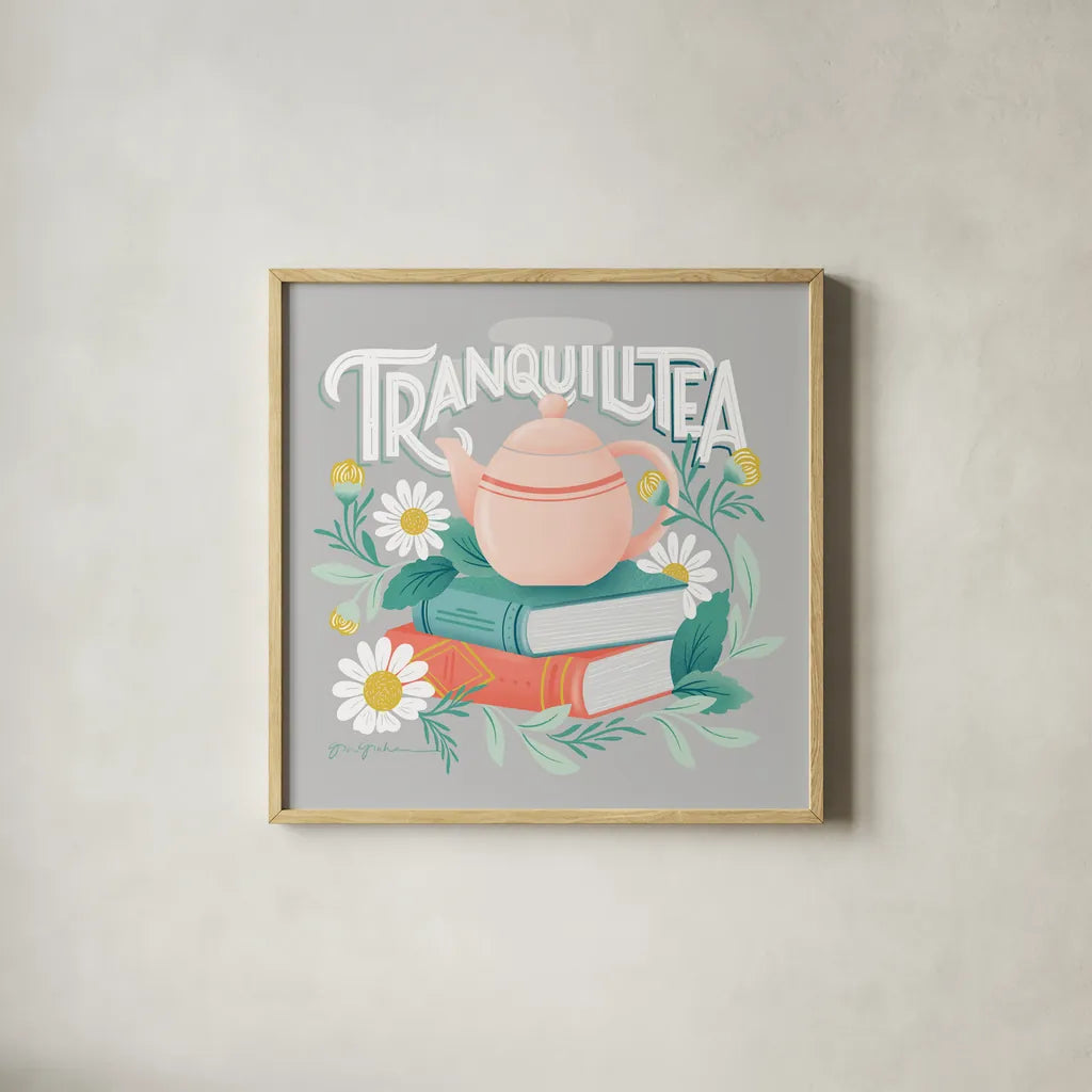 Tea Time I by Gia Graham. Shown in a natural wood glass frame for a timeless modern aesthetic. Available as an archival giclee rolled canvas, fine art paper, or poster print. SKU 77959a.