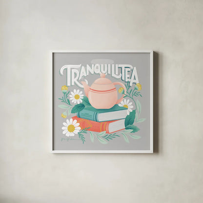 Tea Time I by Gia Graham. Shown in a crisp white glass frame for a clean and minimalist style. Available as an archival giclee rolled canvas, fine art paper, or poster print. SKU 77959a.