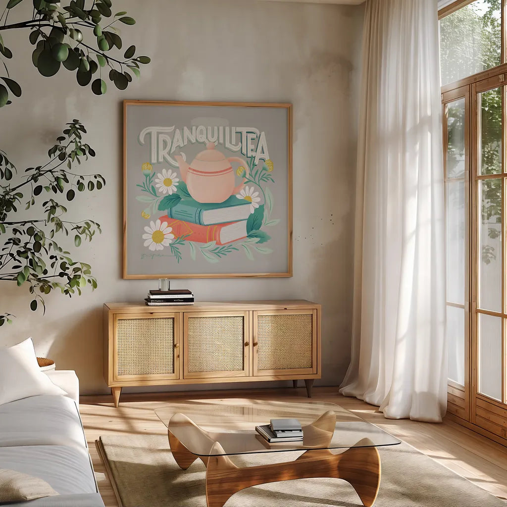 Tea Time I by Gia Graham. Shown in a natural wood frame in a cozy modern living room. Available as an archival giclee rolled canvas, fine art paper, or poster print. SKU 77959a.