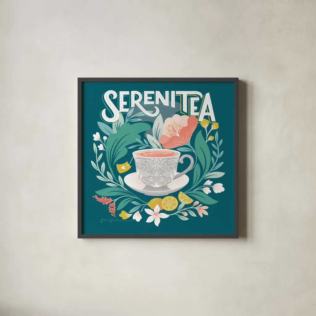 Tea Time II by Gia Graham. Shown in a sleek black glass frame for a contemporary gallery look. Available as an archival giclee rolled canvas, fine art paper, or poster print. SKU 77960a.