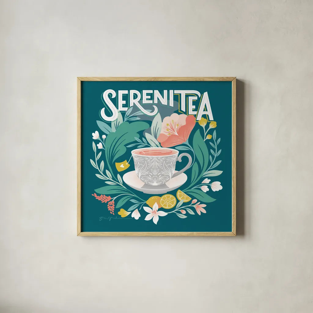 Tea Time II by Gia Graham. Shown in a natural wood glass frame for a timeless modern aesthetic. Available as an archival giclee rolled canvas, fine art paper, or poster print. SKU 77960a.