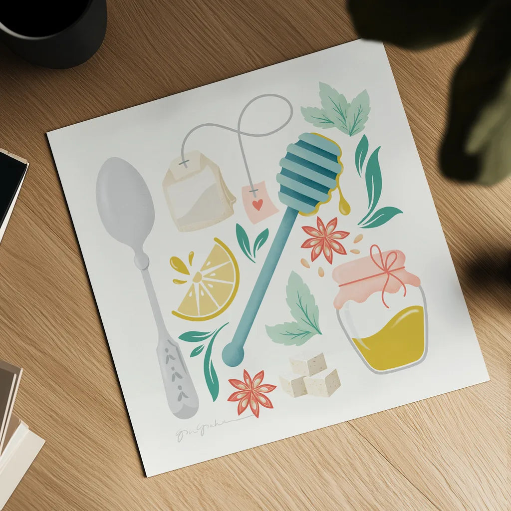 Tea Time III by Gia Graham. Shown as a detailed flat fine art print, highlighting archival giclee quality. Available as an archival giclee rolled canvas, fine art paper, or poster print. SKU 77961a.