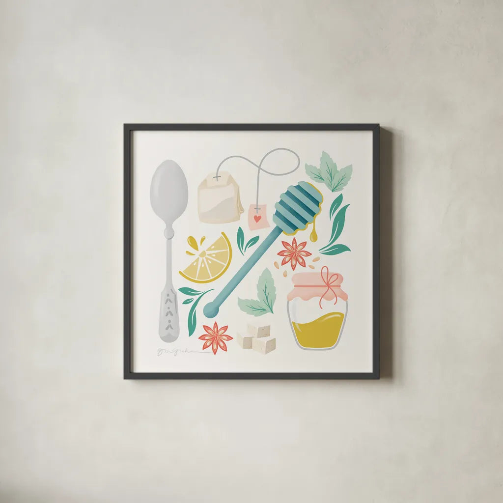 Tea Time III by Gia Graham. Shown in a sleek black glass frame for a contemporary gallery look. Available as an archival giclee rolled canvas, fine art paper, or poster print. SKU 77961a.