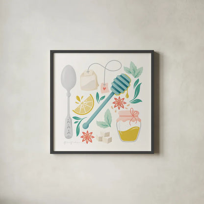 Tea Time III by Gia Graham. Shown in a sleek black glass frame for a contemporary gallery look. Available as an archival giclee rolled canvas, fine art paper, or poster print. SKU 77961a.
