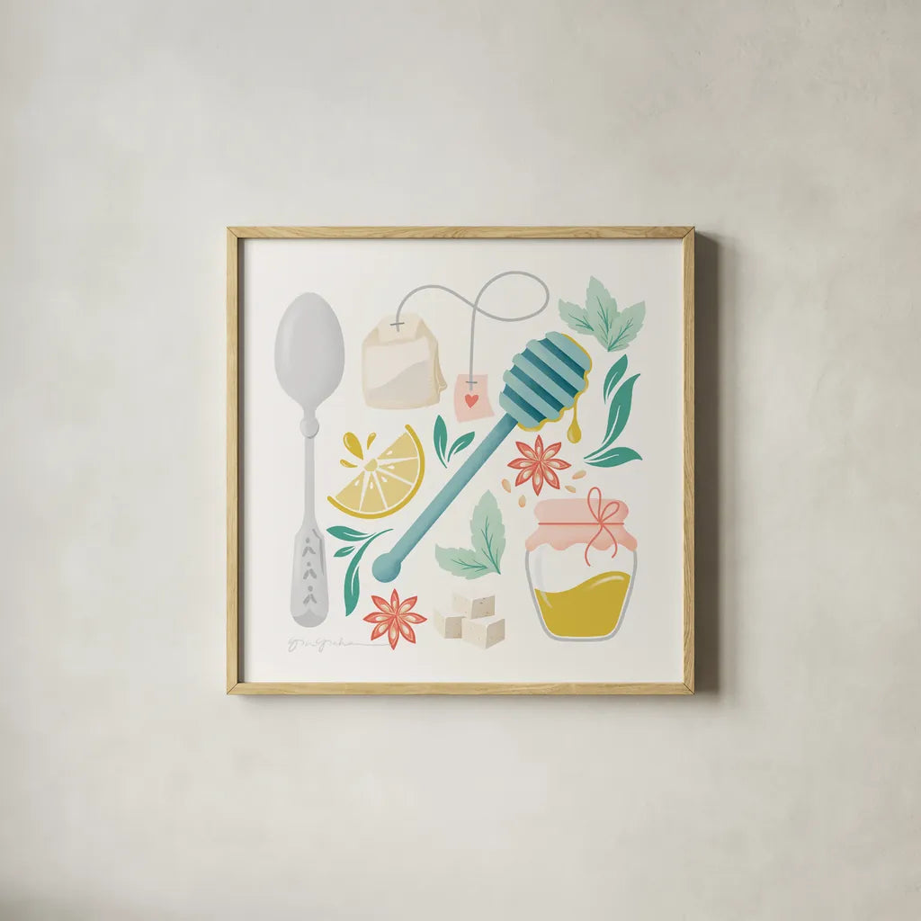 Tea Time III by Gia Graham. Shown in a natural wood glass frame for a timeless modern aesthetic. Available as an archival giclee rolled canvas, fine art paper, or poster print. SKU 77961a.