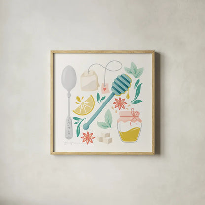 Tea Time III by Gia Graham. Shown in a natural wood glass frame for a timeless modern aesthetic. Available as an archival giclee rolled canvas, fine art paper, or poster print. SKU 77961a.