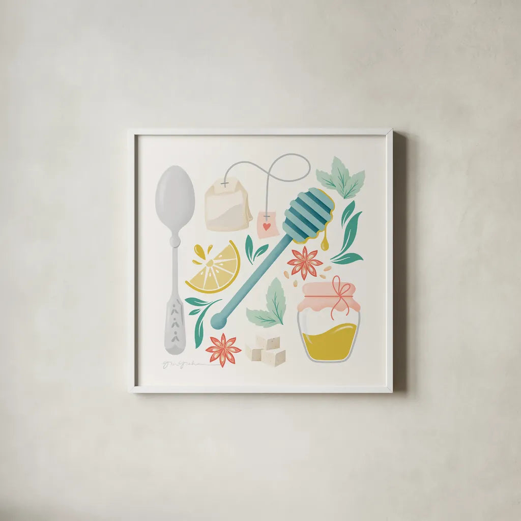 Tea Time III by Gia Graham. Shown in a crisp white glass frame for a clean and minimalist style. Available as an archival giclee rolled canvas, fine art paper, or poster print. SKU 77961a.