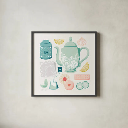 Tea Time IV by Gia Graham. Shown in a sleek black glass frame for a contemporary gallery look. Available as an archival giclee rolled canvas, fine art paper, or poster print. SKU 77962a.