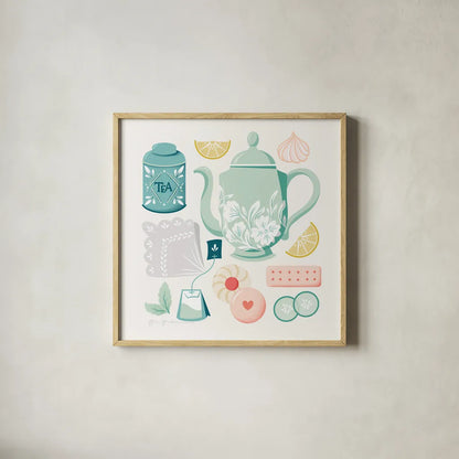 Tea Time IV by Gia Graham. Shown in a natural wood glass frame for a timeless modern aesthetic. Available as an archival giclee rolled canvas, fine art paper, or poster print. SKU 77962a.
