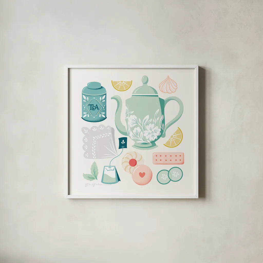 Tea Time IV by Gia Graham. Shown in a crisp white glass frame for a clean and minimalist style. Available as an archival giclee rolled canvas, fine art paper, or poster print. SKU 77962a.