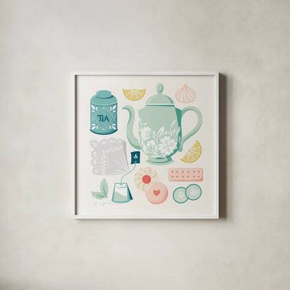 Tea Time IV by Gia Graham. Shown in a crisp white glass frame for a clean and minimalist style. Available as an archival giclee rolled canvas, fine art paper, or poster print. SKU 77962a.