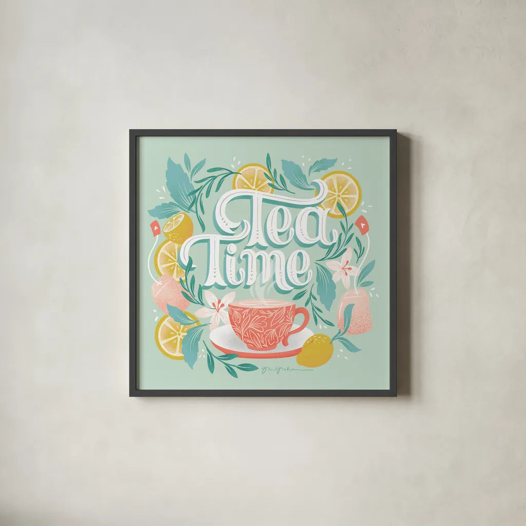 Tea Time V by Gia Graham. Shown in a sleek black glass frame for a contemporary gallery look. Available as an archival giclee rolled canvas, fine art paper, or poster print. SKU 77963a.