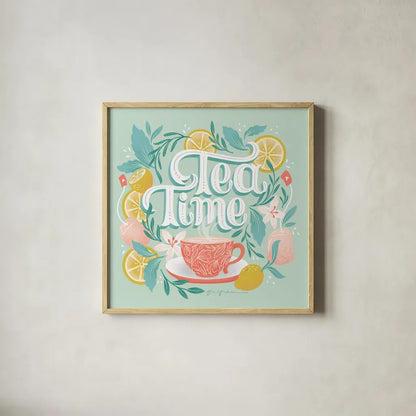 Tea Time V by Gia Graham. Shown in a natural wood glass frame for a timeless modern aesthetic. Available as an archival giclee rolled canvas, fine art paper, or poster print. SKU 77963a.