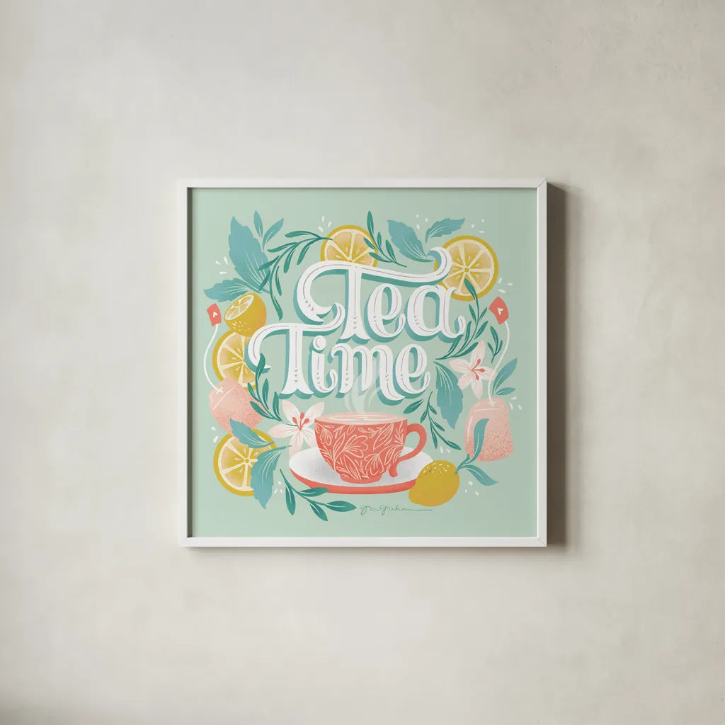 Tea Time V by Gia Graham. Shown in a crisp white glass frame for a clean and minimalist style. Available as an archival giclee rolled canvas, fine art paper, or poster print. SKU 77963a.