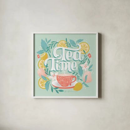 Tea Time V by Gia Graham. Shown in a crisp white glass frame for a clean and minimalist style. Available as an archival giclee rolled canvas, fine art paper, or poster print. SKU 77963a.