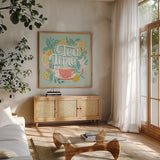 Tea Time V by Gia Graham. Shown in a natural wood frame in a cozy modern living room. Available as an archival giclee rolled canvas, fine art paper, or poster print. SKU 77963a.