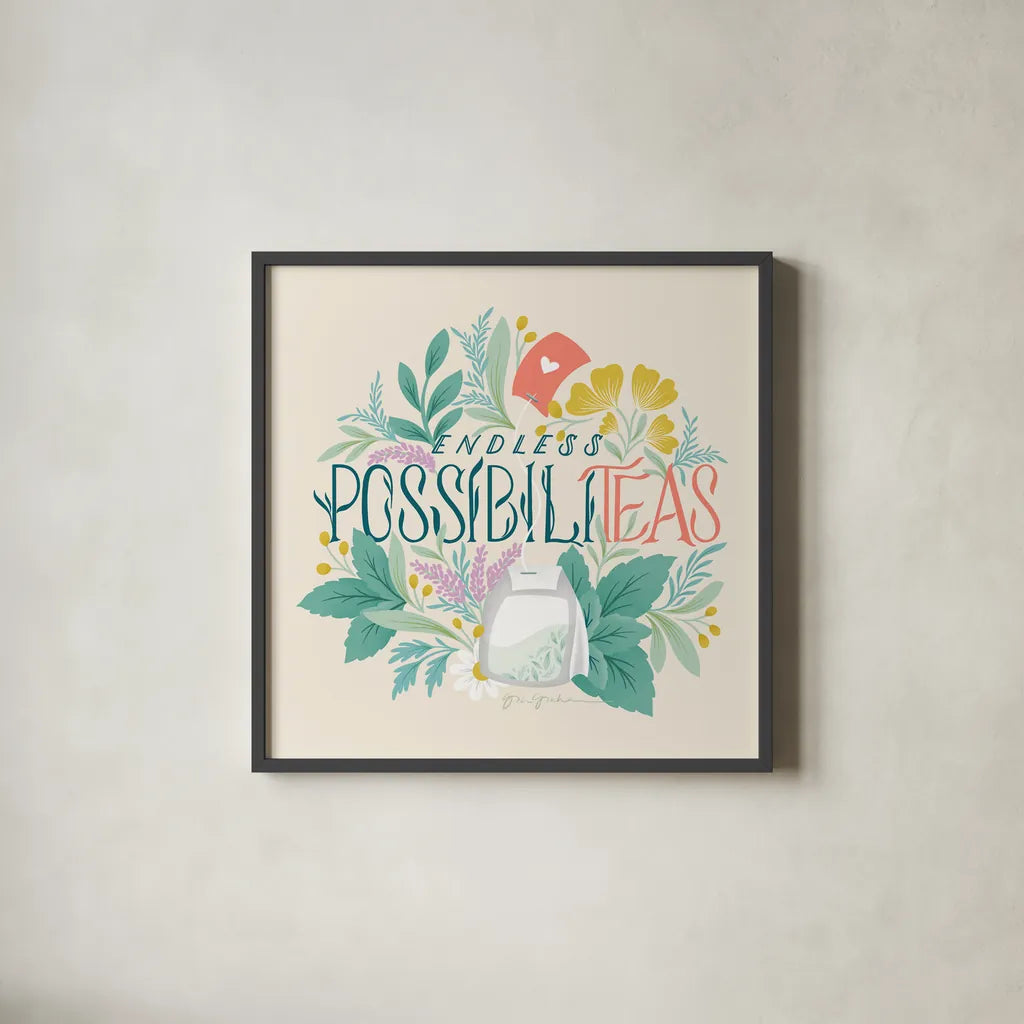 Tea Time VI by Gia Graham. Shown in a sleek black glass frame for a contemporary gallery look. Available as an archival giclee rolled canvas, fine art paper, or poster print. SKU 77964a.