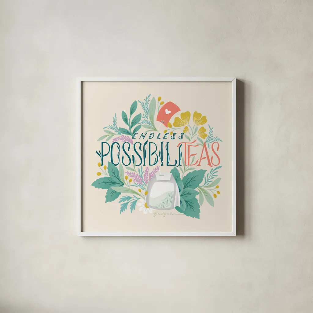 Tea Time VI by Gia Graham. Shown in a crisp white glass frame for a clean and minimalist style. Available as an archival giclee rolled canvas, fine art paper, or poster print. SKU 77964a.