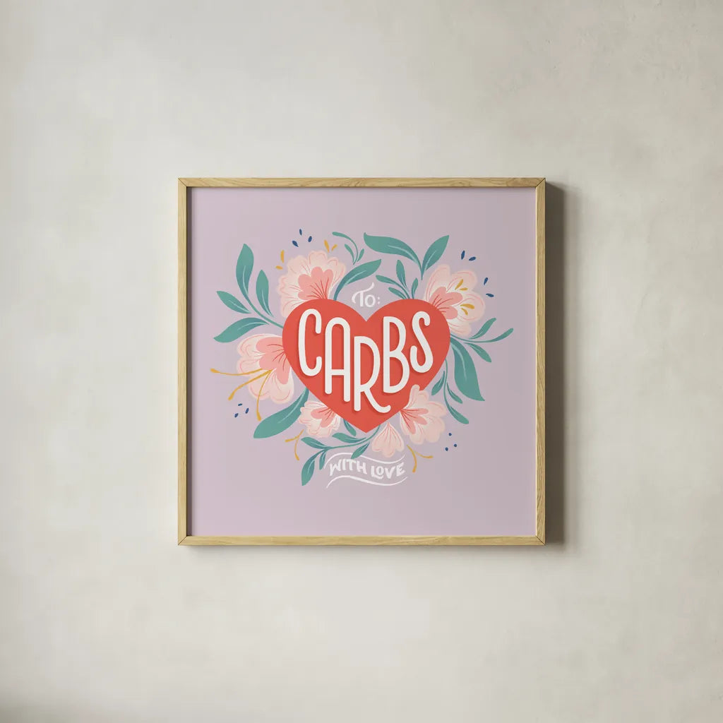 To Carbs With Love I by Gia Graham. Shown in a natural wood glass frame for a timeless modern aesthetic. Available as an archival giclee rolled canvas, fine art paper, or poster print. SKU 75354a.