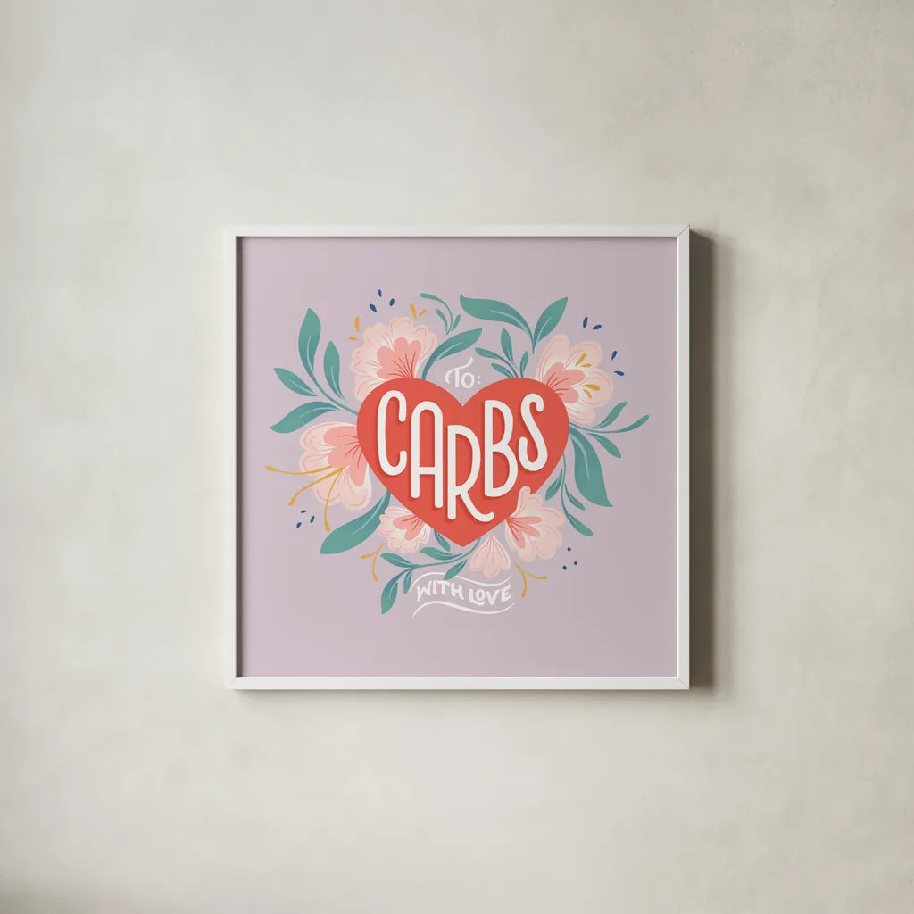 To Carbs With Love I by Gia Graham. Shown in a crisp white glass frame for a clean and minimalist style. Available as an archival giclee rolled canvas, fine art paper, or poster print. SKU 75354a.