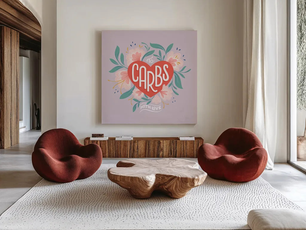 To Carbs With Love I by Gia Graham. Shown as extra-large giant wall art in a modern living room. Available as an archival giclee rolled canvas, fine art paper, or poster print. SKU 75354a.