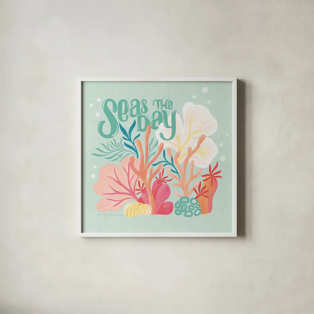Under the Sea II by Gia Graham. Shown in a crisp white glass frame for a clean and minimalist style. Available as an archival giclee rolled canvas, fine art paper, or poster print. SKU 80906a.