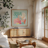 Under the Sea II by Gia Graham. Shown in a natural wood frame in a cozy modern living room. Available as an archival giclee rolled canvas, fine art paper, or poster print. SKU 80906a.