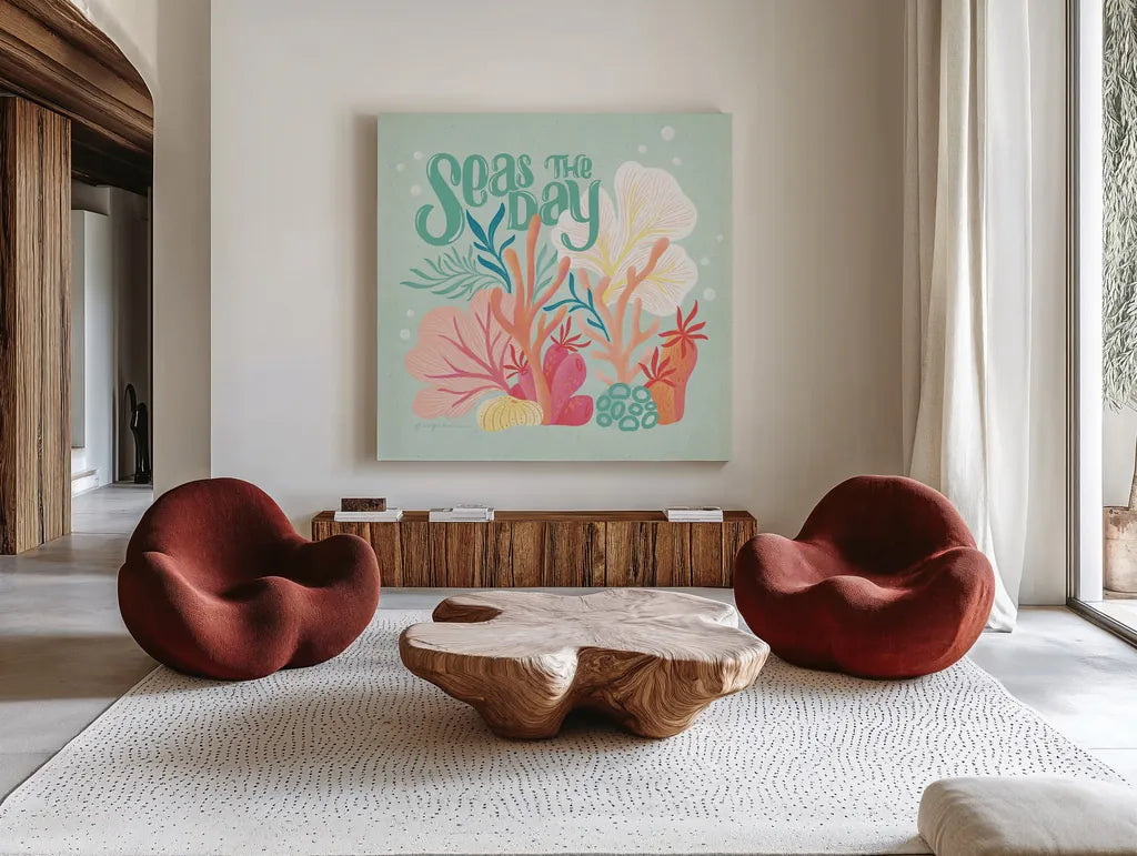 Under the Sea II by Gia Graham. Shown as extra-large giant wall art in a modern living room. Available as an archival giclee rolled canvas, fine art paper, or poster print. SKU 80906a.