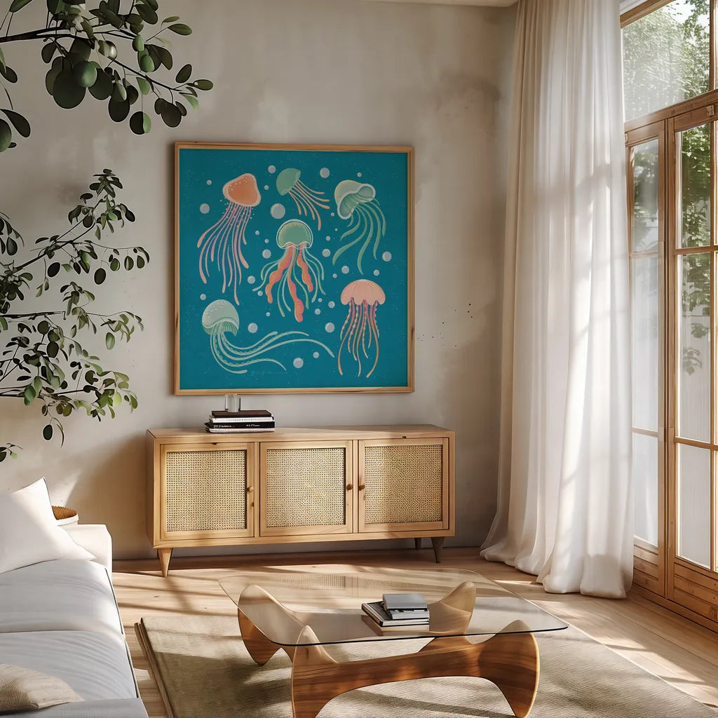 Under the Sea IV by Gia Graham. Shown in a natural wood frame in a cozy modern living room. Available as an archival giclee rolled canvas, fine art paper, or poster print. SKU 80908a.