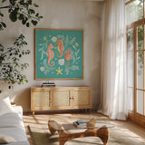 Under the Sea V by Gia Graham. Shown in a natural wood frame in a cozy modern living room. Available as an archival giclee rolled canvas, fine art paper, or poster print. SKU 80909a.