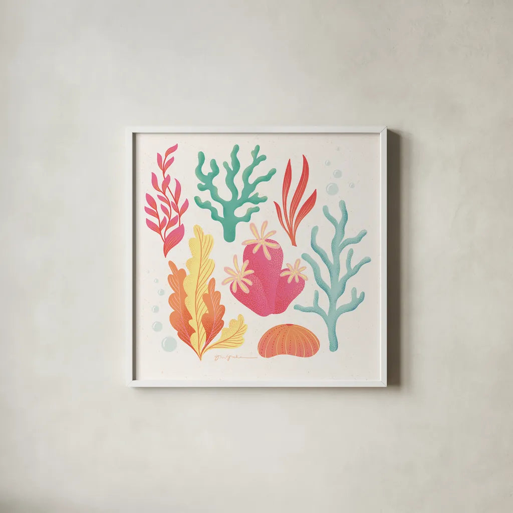 Under the Sea VII by Gia Graham. Shown in a crisp white glass frame for a clean and minimalist style. Available as an archival giclee rolled canvas, fine art paper, or poster print. SKU 80911a.