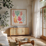 Under the Sea VII by Gia Graham. Shown in a natural wood frame in a cozy modern living room. Available as an archival giclee rolled canvas, fine art paper, or poster print. SKU 80911a.
